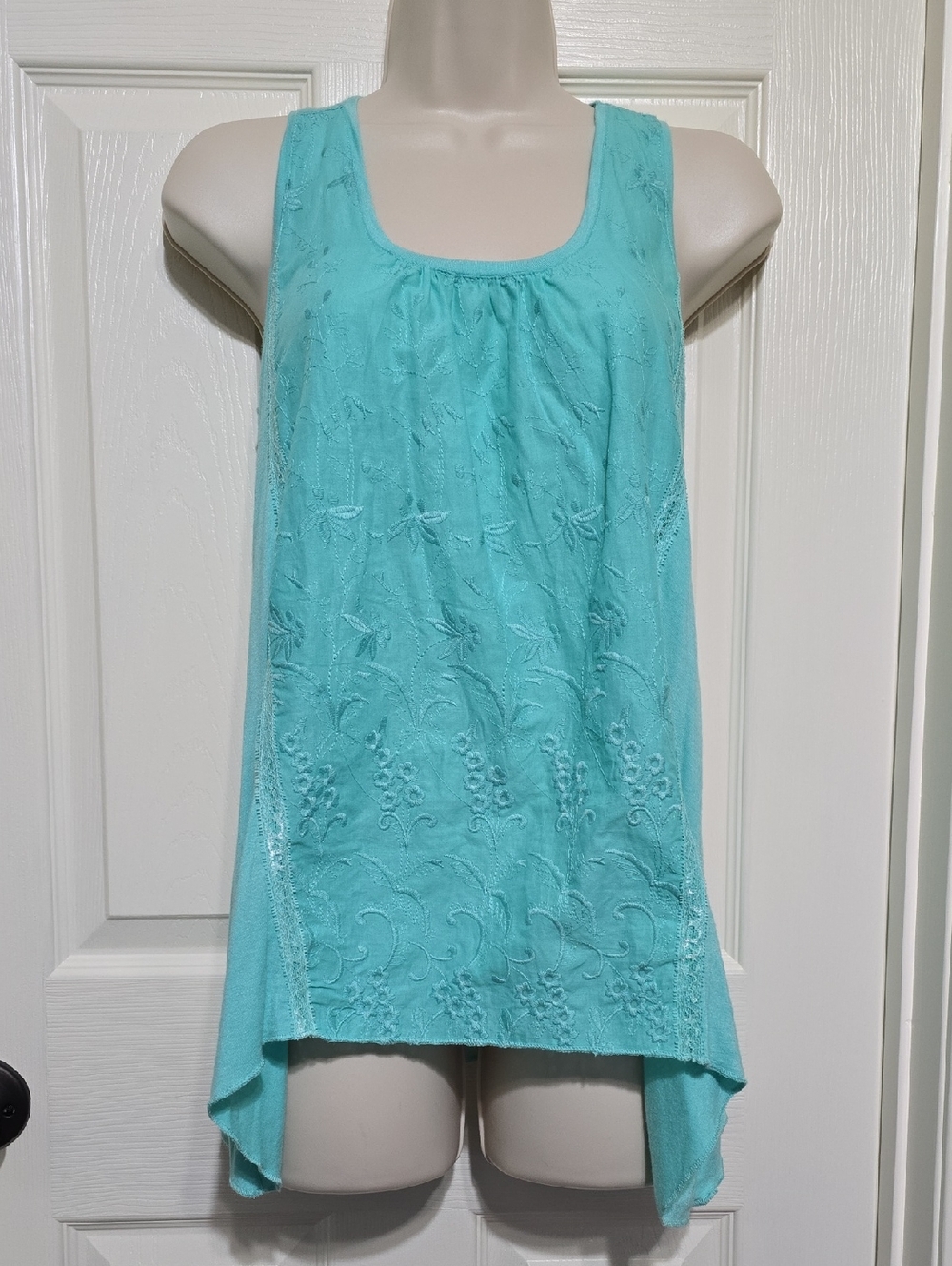 Kenar Embroidered Aqua Scoop-Neck Tank